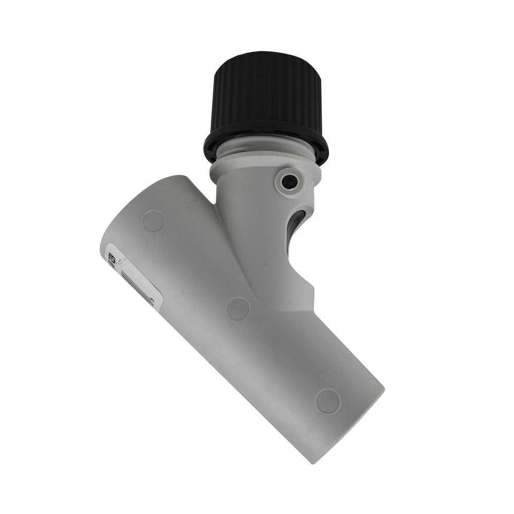 Grey plastic pool cleaner regulator valve with angled body and black ribbed adjustable cap top