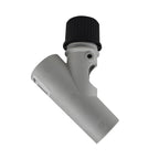 Grey plastic pool cleaner regulator valve with angled body and black ribbed adjustable cap top