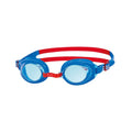 Zoggs Ripper Junior swim goggles with blue oval lenses, blue frame and red adjustable strap, age 6–14