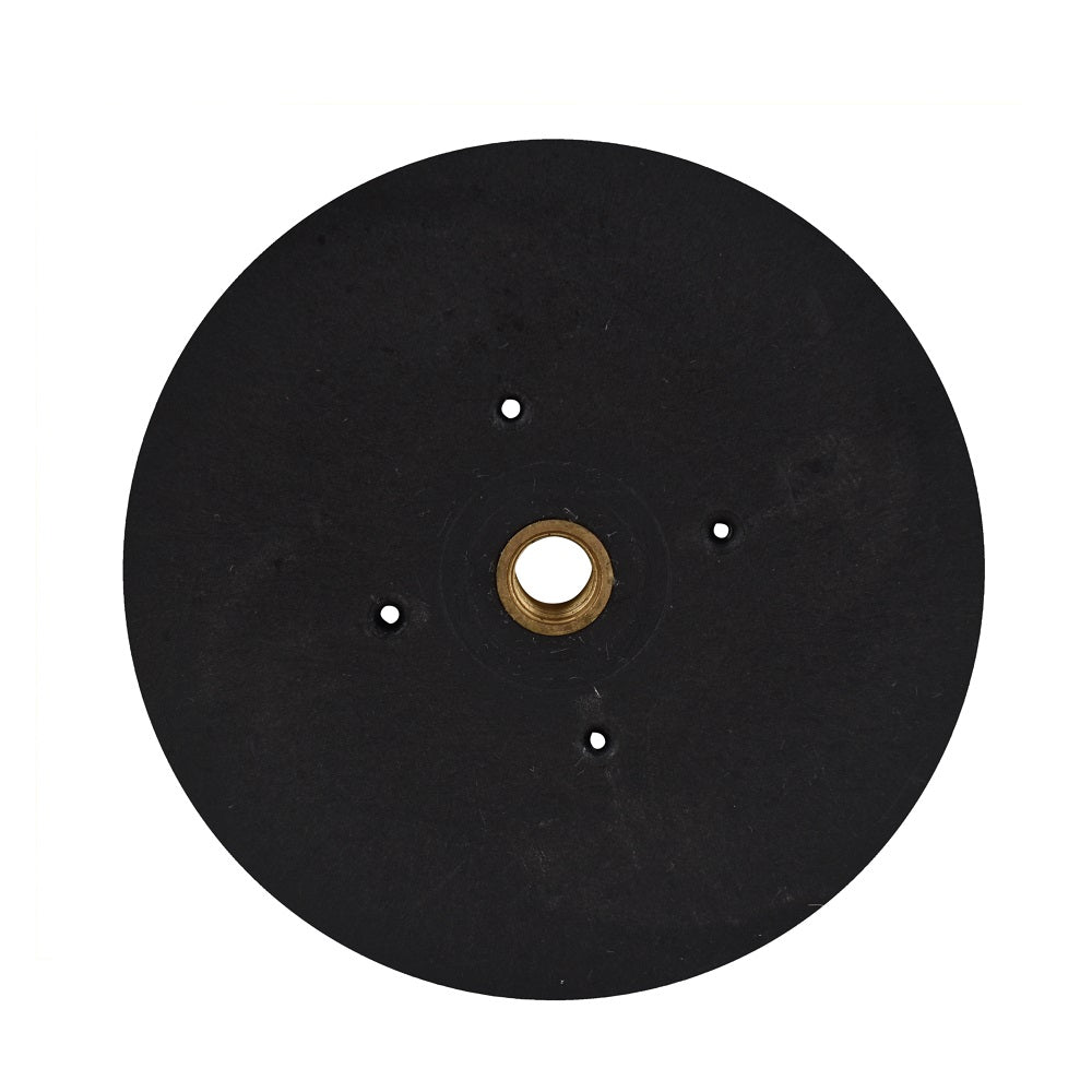 Round black rubber impeller disc for EQ Eartheco 1.1kW pump, with central brass threaded insert and four small mounting holes