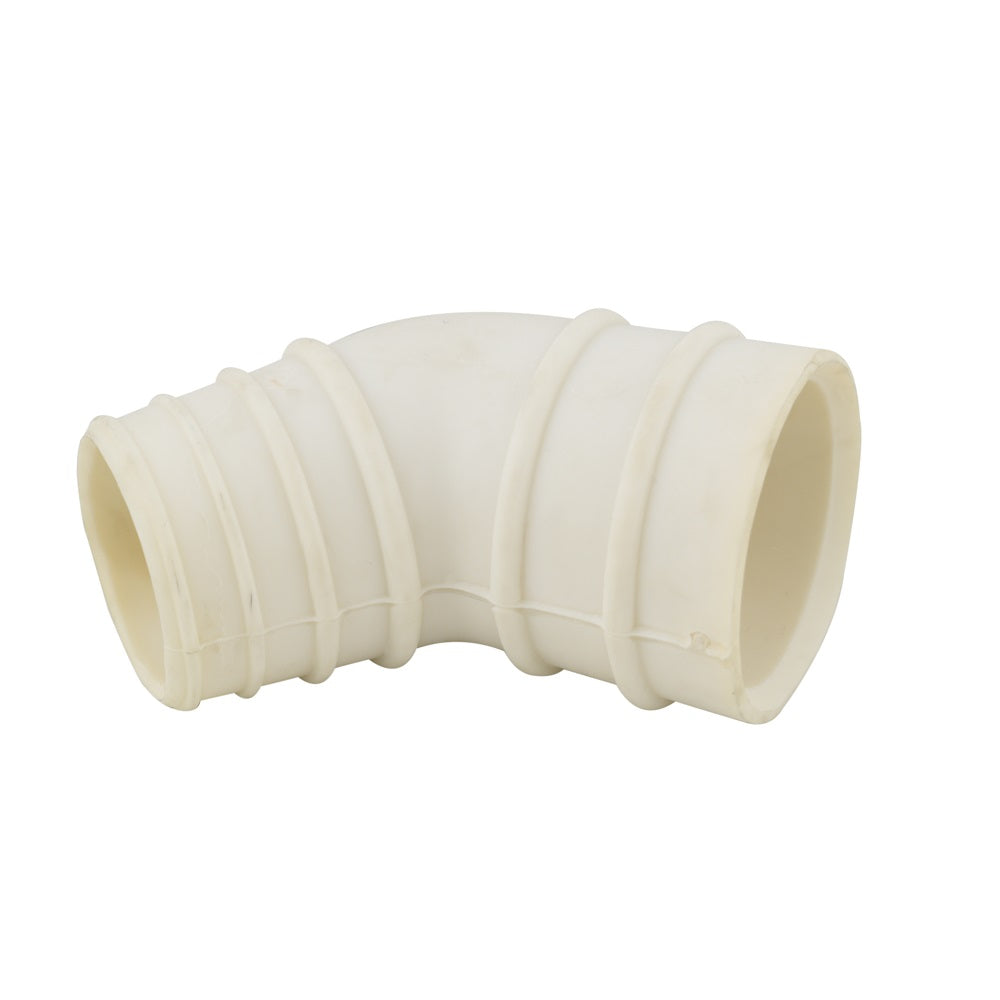 White rubber 45-degree elbow pipe adaptor with ribbed barbed inlet and smooth outlet end for pool cleaners