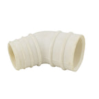 White rubber 45-degree elbow pipe adaptor with ribbed barbed inlet and smooth outlet end for pool cleaners