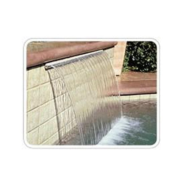 Stainless steel pool water curtain spout cascading sheet of water over beige tiled wall into swimming pool