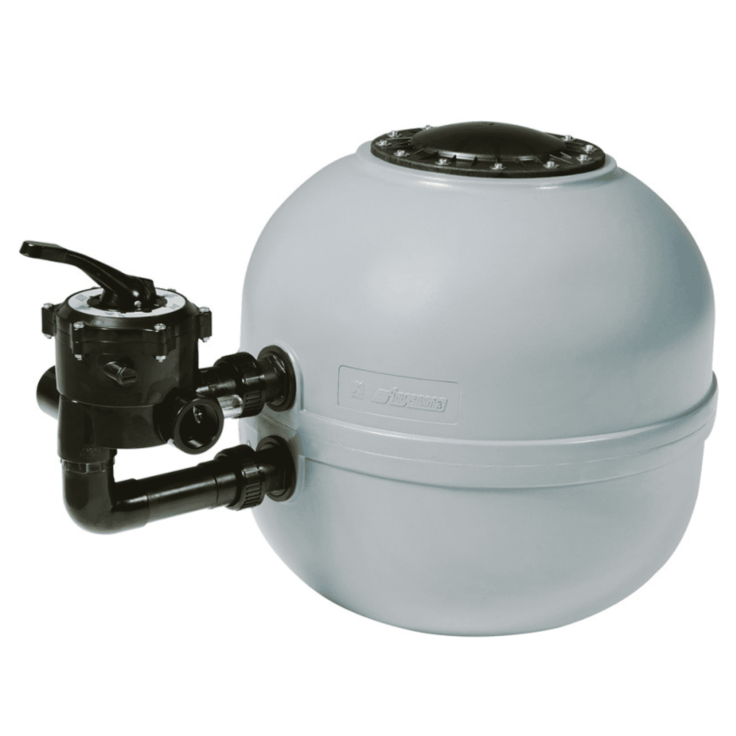 Speck Aquaswim 4 Bag Filter, grey spherical pool sand filter tank with black side-mount multiport valve and piping connections