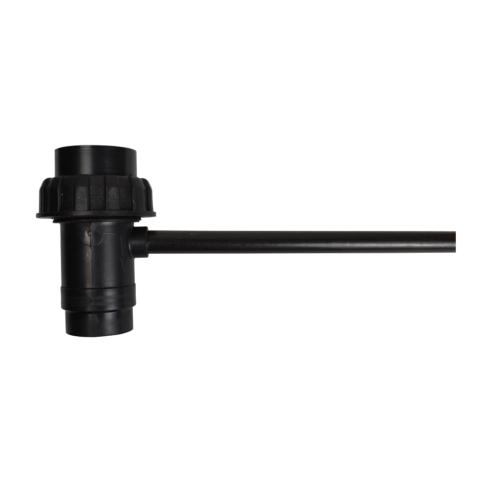 Black plastic Bio Ultra Zap Venturi 50mm fitting with ribbed collar and extended outlet tube, isolated on white