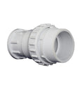 White PVC pipe union fitting 50mm with ribbed locking nut, external male threads and hollow centre opening