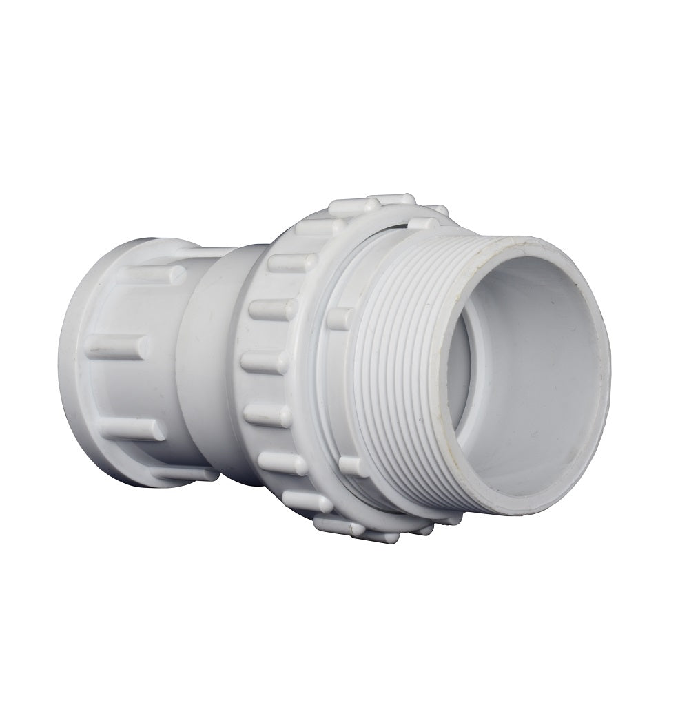 White PVC pipe union fitting 50mm with ribbed locking nut, external male threads and hollow centre opening