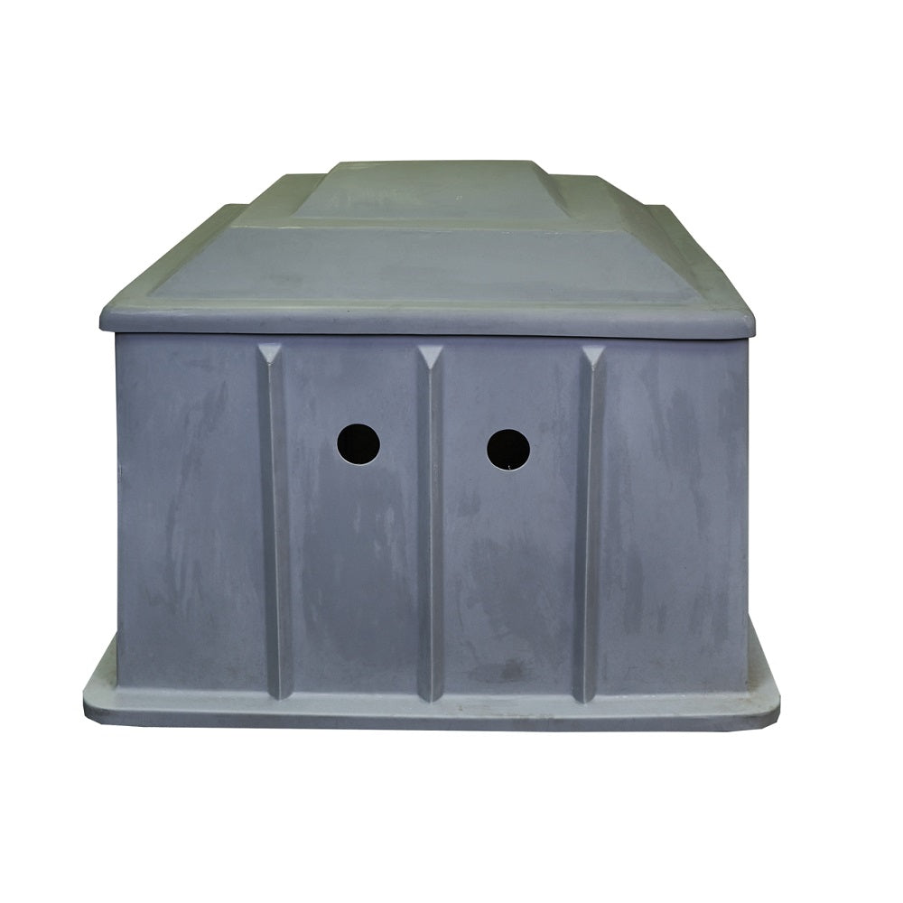 Grey plastic Aqua Pro Pump & Filter Box 900x900x700mm with ribbed side panels and two circular inlet holes, front view on white background