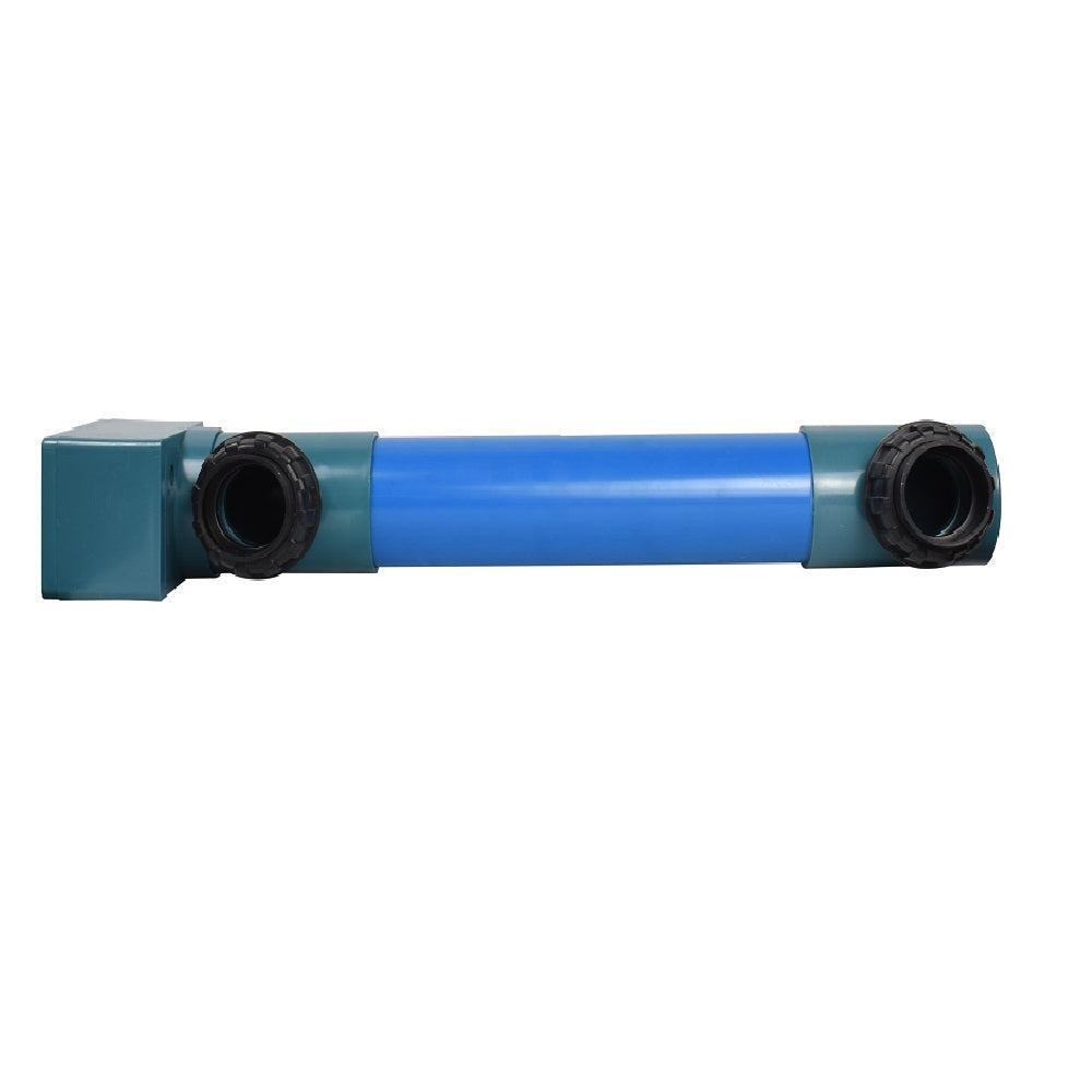 PVC pool heater casing with blue cylindrical tube, teal fittings, black threaded couplings and square York box end connector