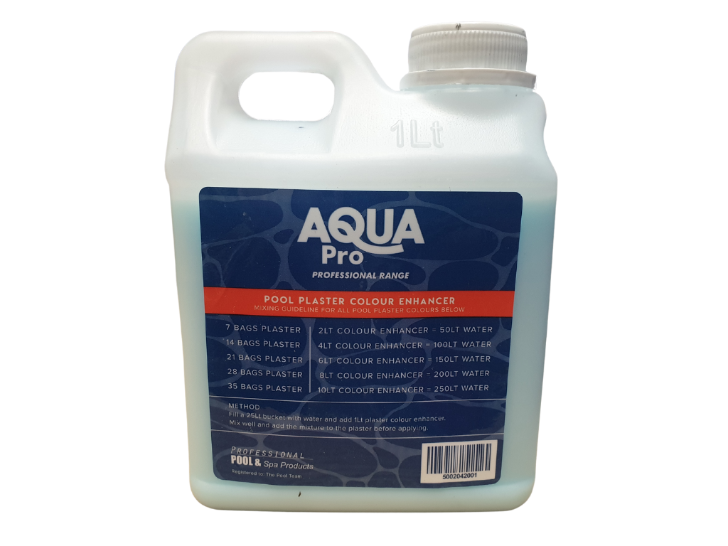 Aqua Pro 1Lt white plastic jug of Pool Plaster Colour Enhancer with navy label and red accent band