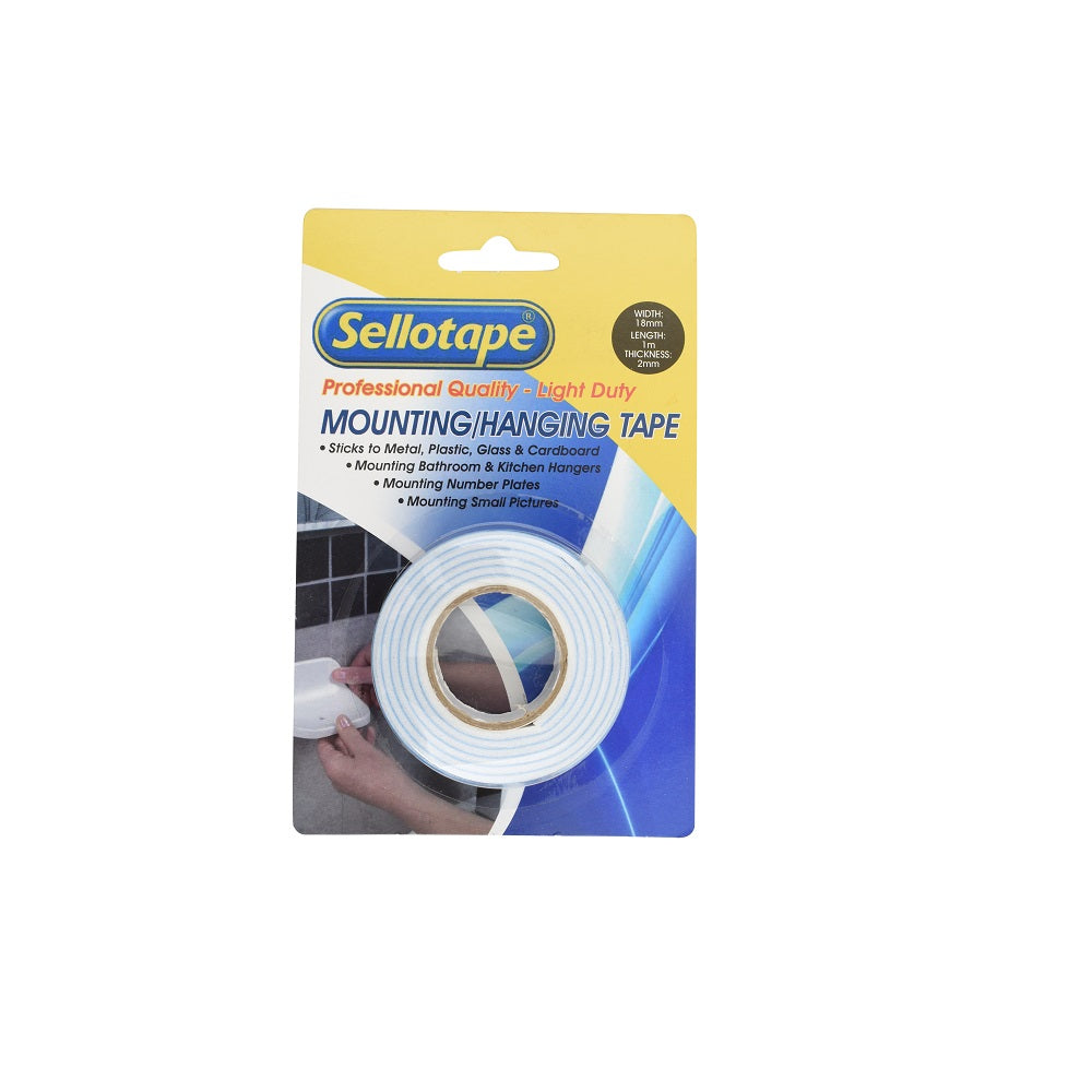 Sellotape Professional Quality Light Duty Mounting/Hanging Tape, white foam roll, 18mm x 1m x 2mm, in yellow and blue blister pack