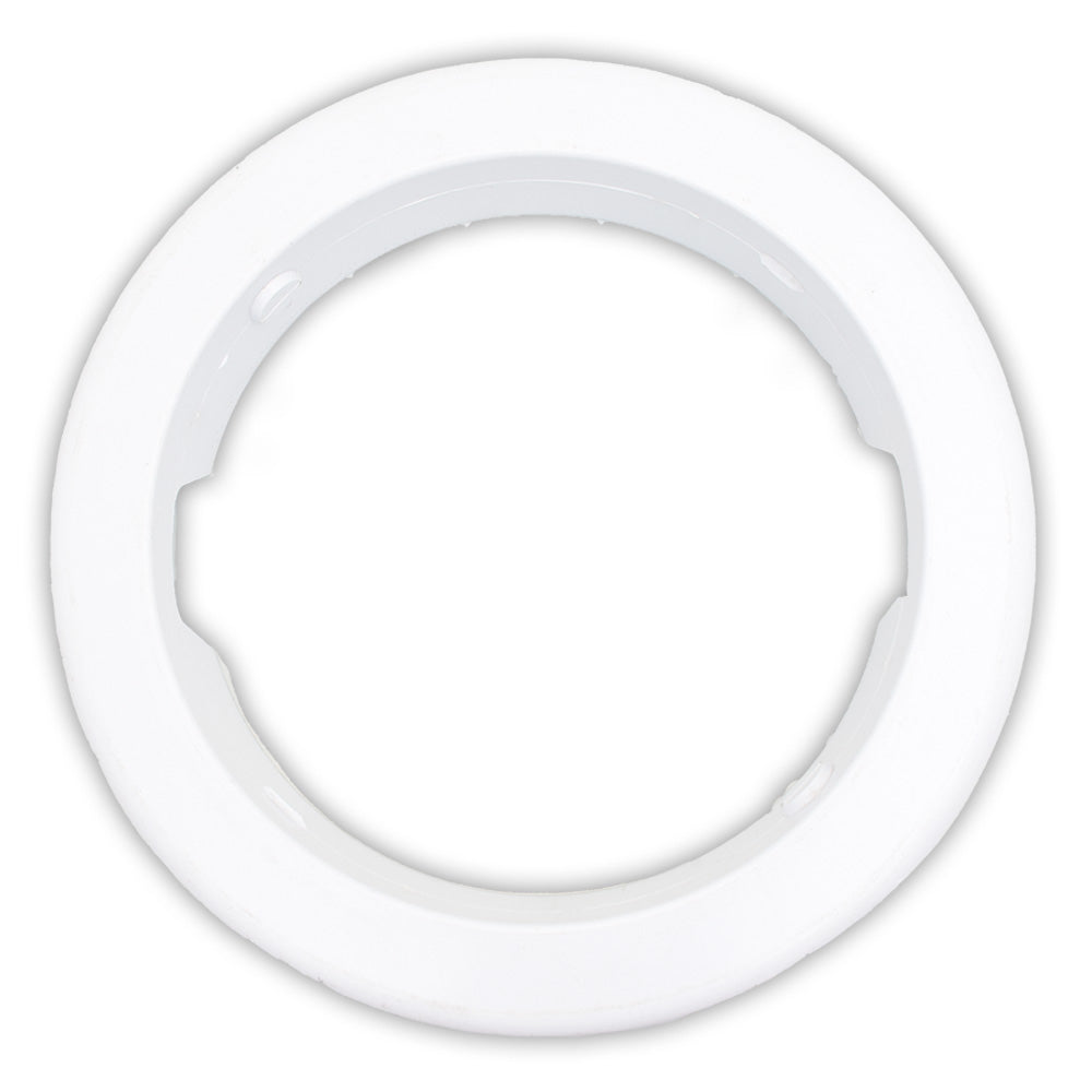 White plastic circular electrical face plate ring with notched inner edge and smooth raised outer rim