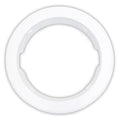 White plastic circular electrical face plate ring with notched inner edge and smooth raised outer rim