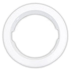 White plastic circular electrical face plate ring with notched inner edge and smooth raised outer rim
