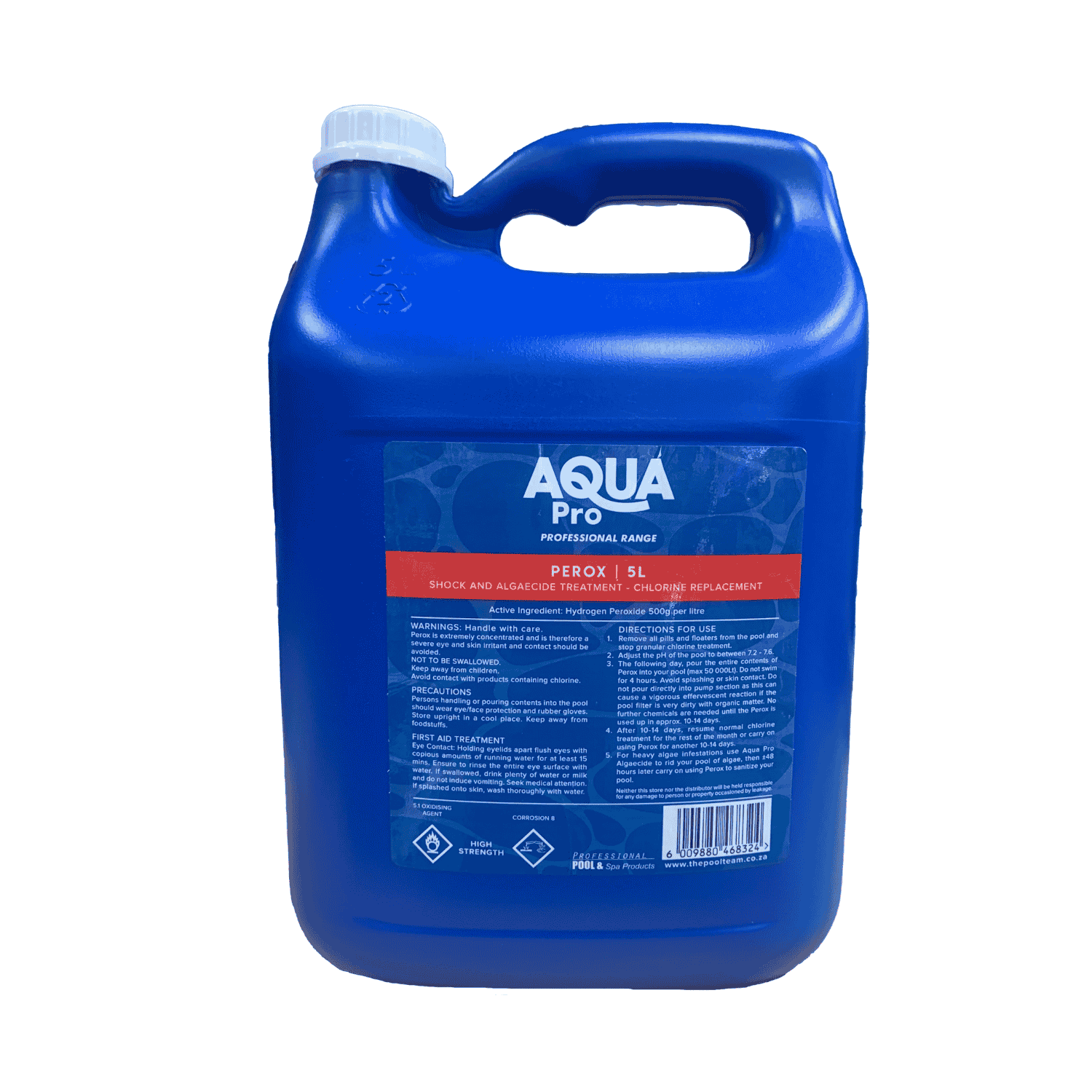 Aqua Pro Perox 5L blue plastic jerry can pool shock and algaecide treatment chlorine replacement with red label band