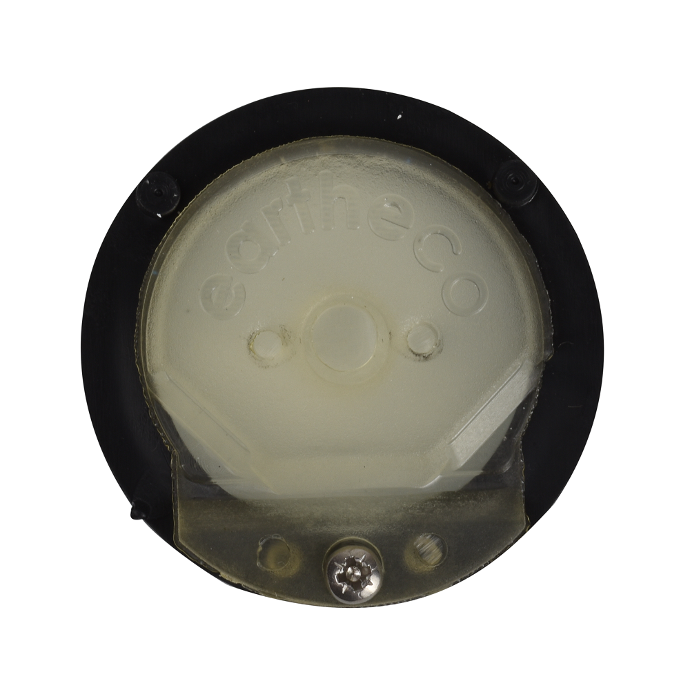 Heating flapper check valve with black circular housing, clear dome cover, and visible screw fitting, bottom view
