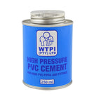 WTPI high pressure PVC cement 250ml in blue-labelled metal tin with silver screw cap for rigid PVC pipes and fittings