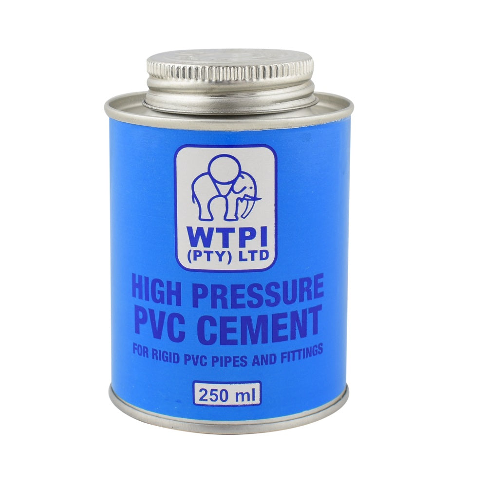 WTPI high pressure PVC cement 250ml in blue-labelled metal tin with silver screw cap for rigid PVC pipes and fittings