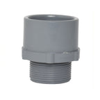 Grey PVC male tank adaptor fitting with threaded base and smooth socket top end, hexagonal flange mid-section