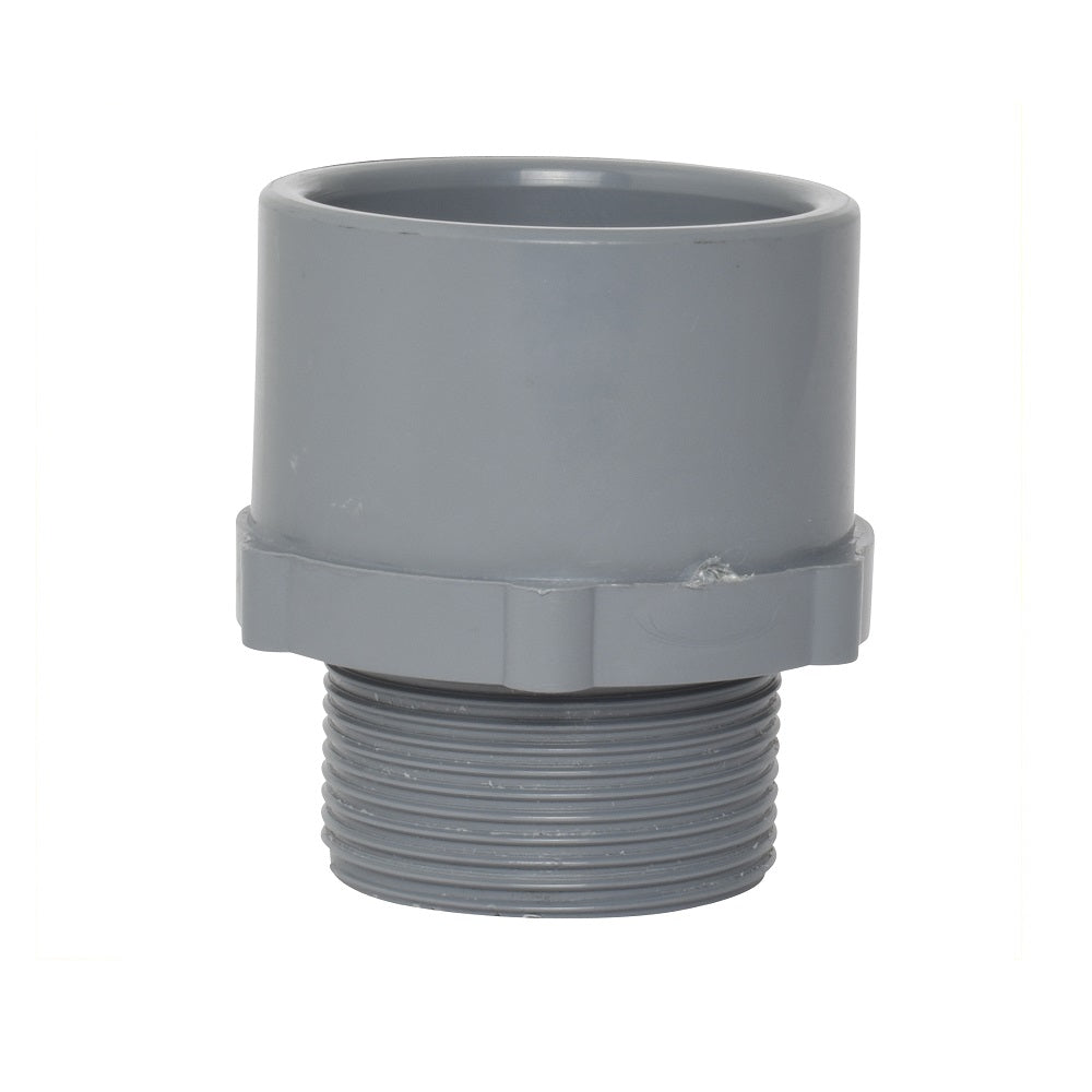 Grey PVC male tank adaptor fitting with threaded base and smooth socket top end, hexagonal flange mid-section