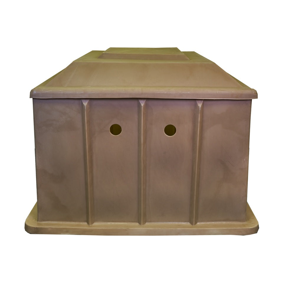 Aqua Pro pump and filter box in brown polyethylene, 900x900x700mm, with two circular cut-outs and ribbed side panels, on white background