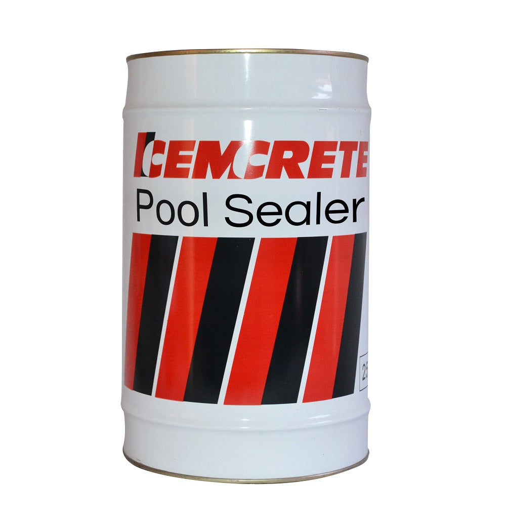 Cemcrete Pool Sealer large white metal drum with red and black stripe label, 25L container