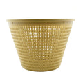 Pool skimmer weir basket in beige plastic with tapered sides and open lattice mesh pattern