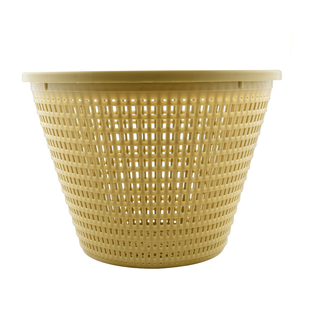Pool skimmer weir basket in beige plastic with tapered sides and open lattice mesh pattern