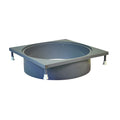 Grey plastic weir deck collar with square flange, circular opening and adjustable levelling feet for pool skimmer installation