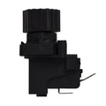 Black plastic two-way air switch with ribbed rotary knob, metal terminal pins, and multi-part housing assembly