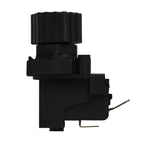 Black plastic two-way air switch with ribbed rotary knob, metal terminal pins, and multi-part housing assembly