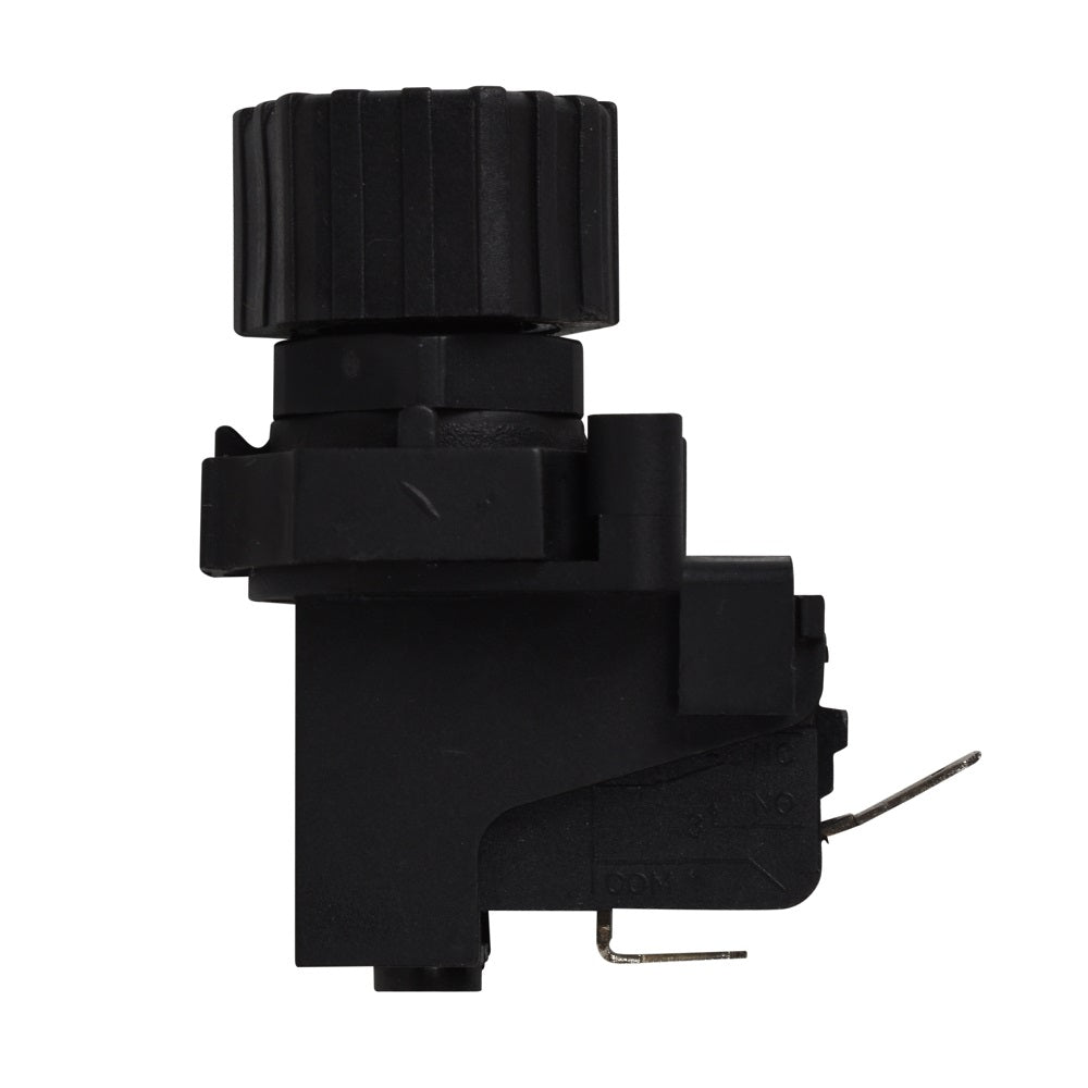 Black plastic two-way air switch with ribbed rotary knob, metal terminal pins, and multi-part housing assembly