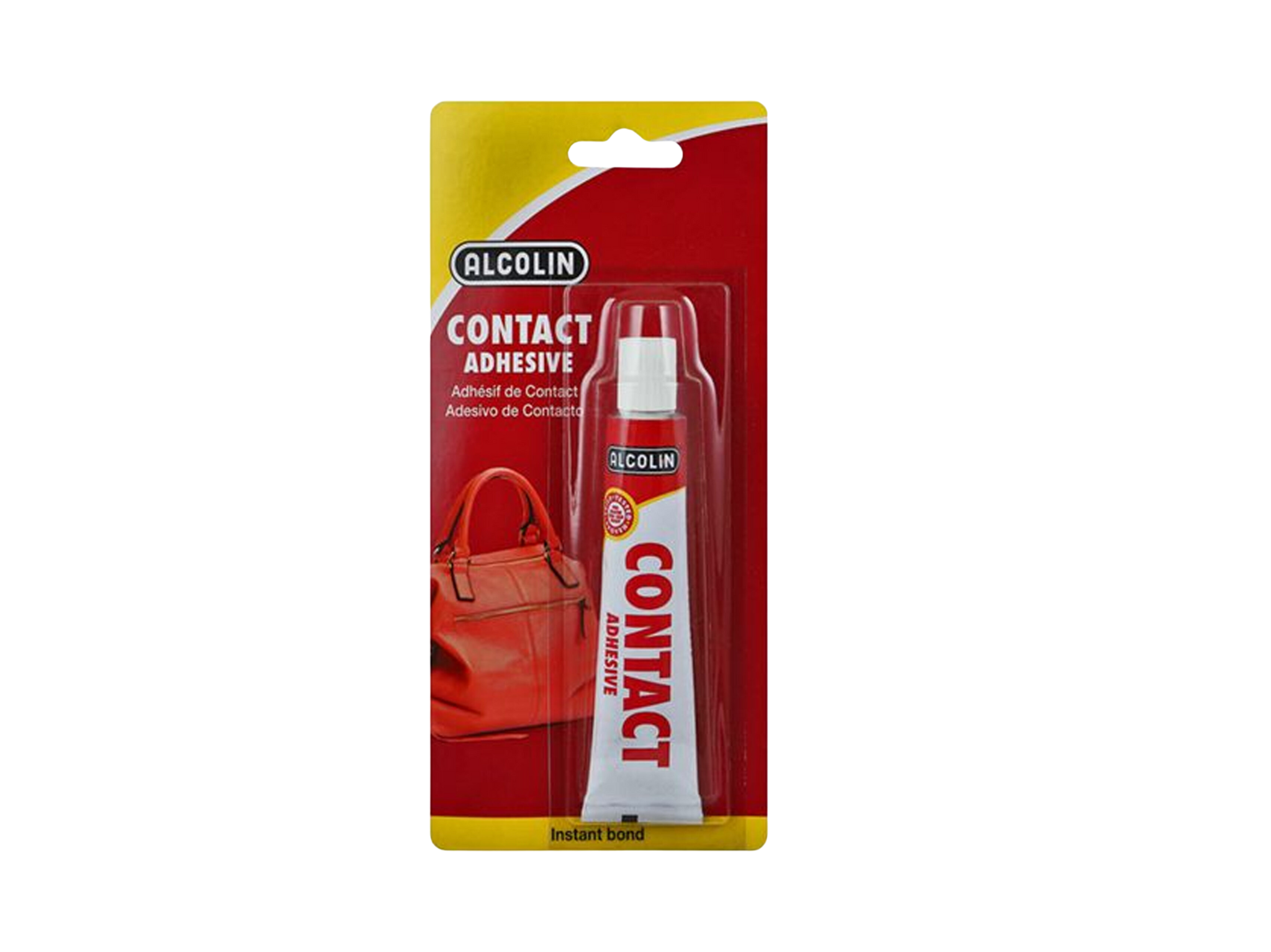 Alcolin Contact Adhesive 50ml tube in red and white packaging on yellow and red blister card