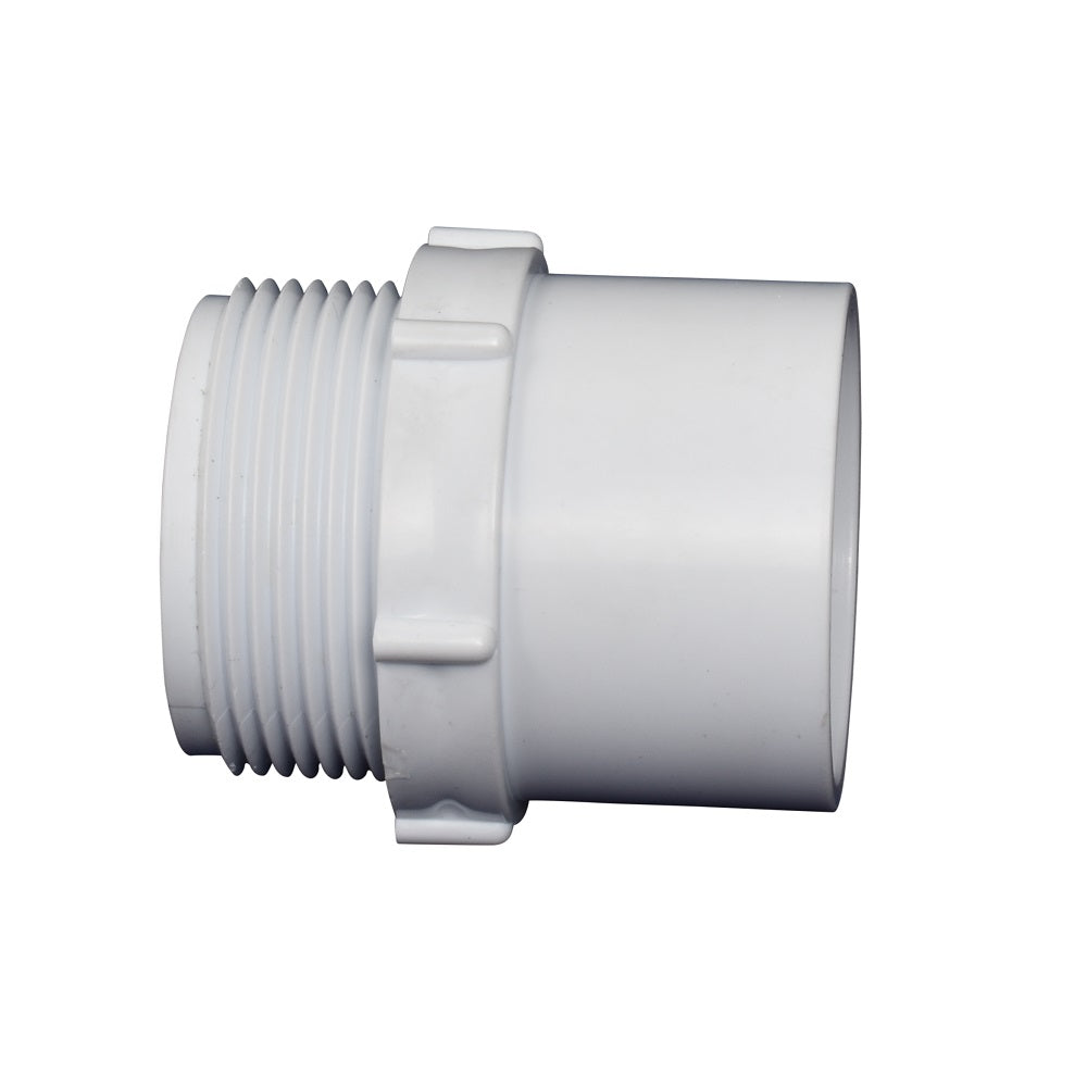 White PVC pipe adapter with male threaded end and smooth socket end, 40mm, Schedule 40 fitting