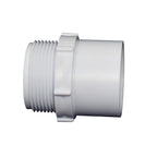 White PVC pipe adapter with male threaded end and smooth socket end, 40mm, Schedule 40 fitting