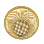 Beige plastic weir basket with fine mesh grid pattern, smooth rim, and central drain hole, viewed from above