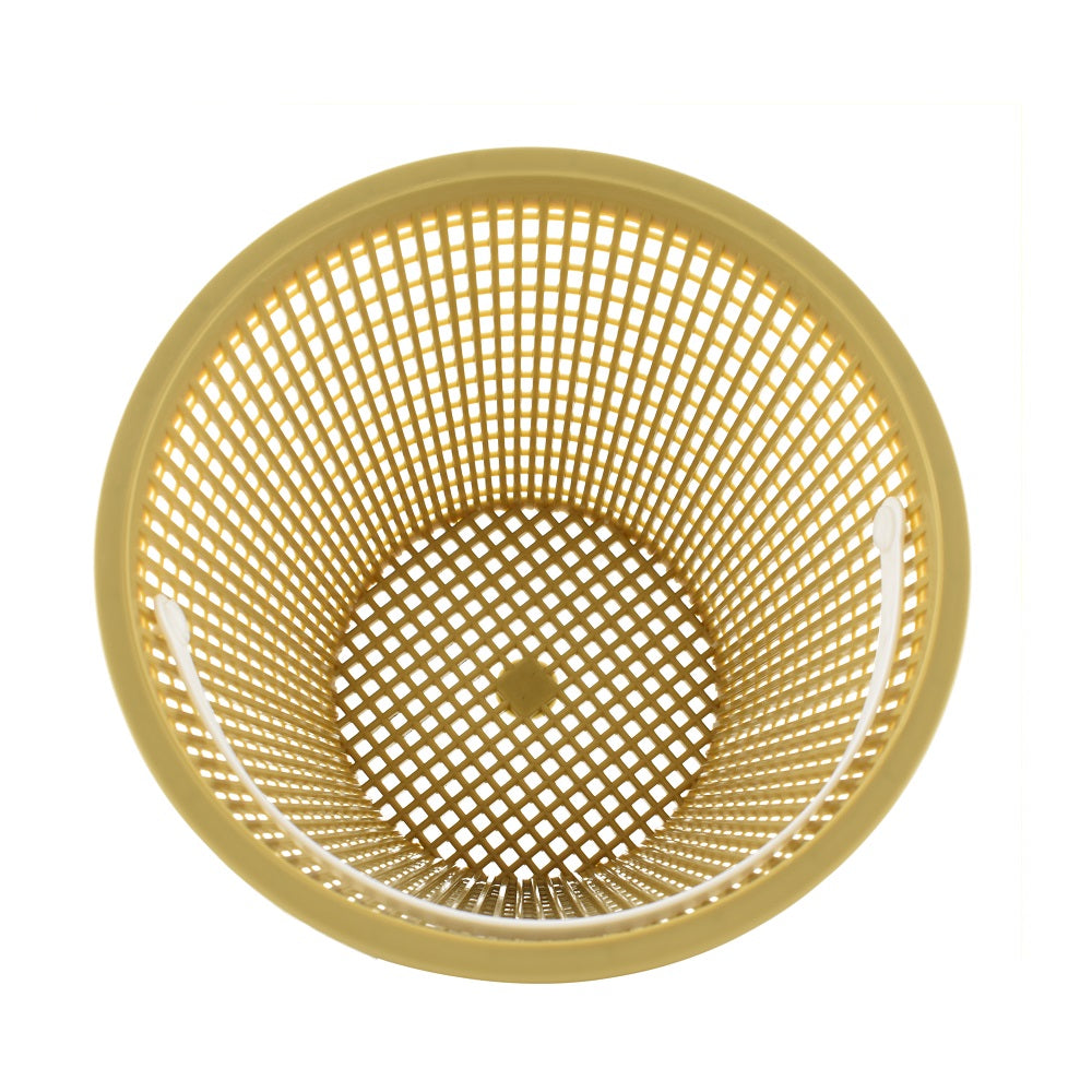 Beige plastic weir basket with fine mesh grid pattern, smooth rim, and central drain hole, viewed from above