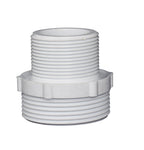 White plastic PVC reducing nipple pipe fitting with dual male threaded ends and hexagonal centre collar