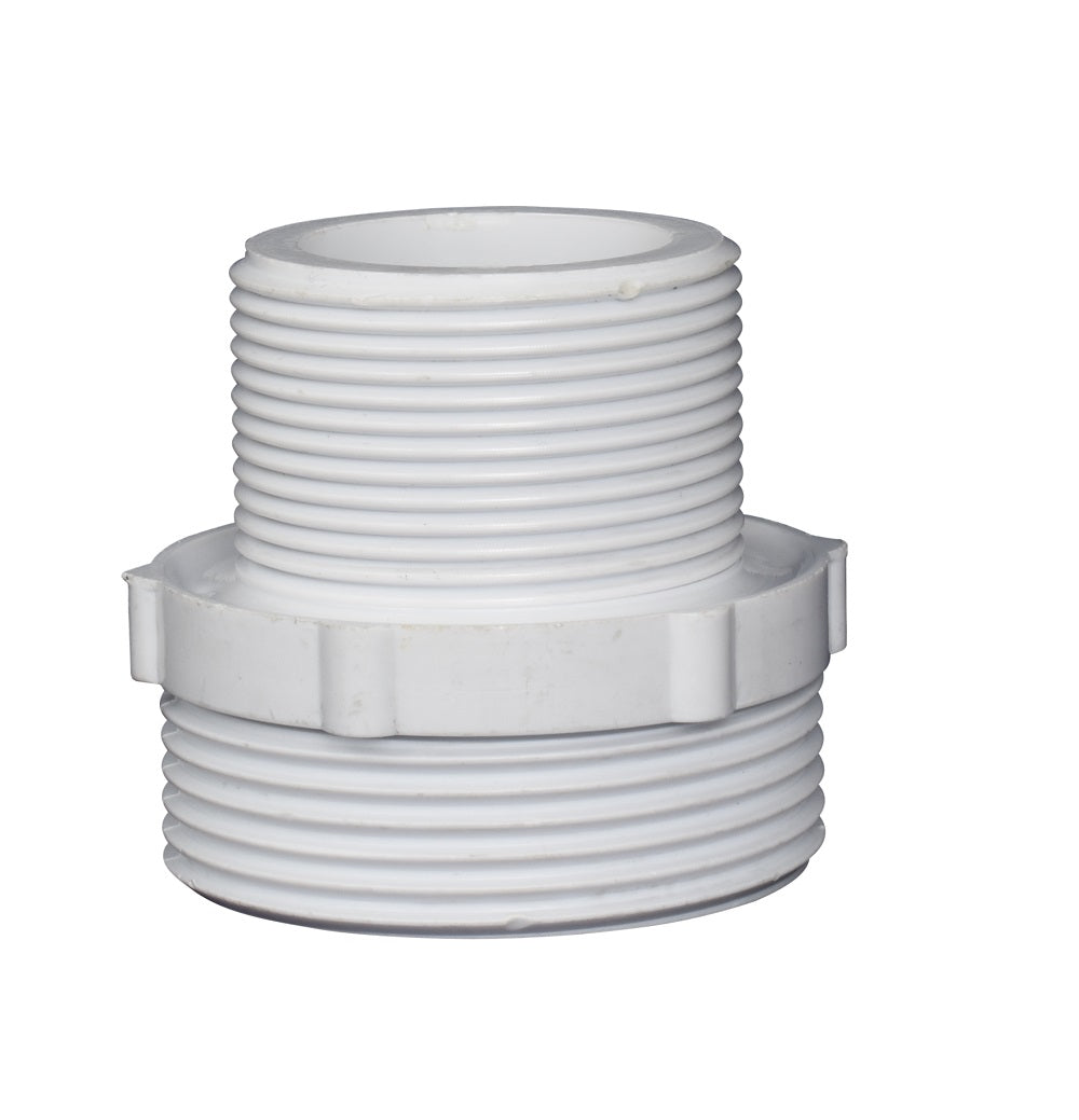 White plastic PVC reducing nipple pipe fitting with dual male threaded ends and hexagonal centre collar