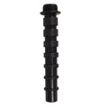 Black plastic filter finger tube with segmented ribbed body, threaded top fitting, and mesh-screened open base end