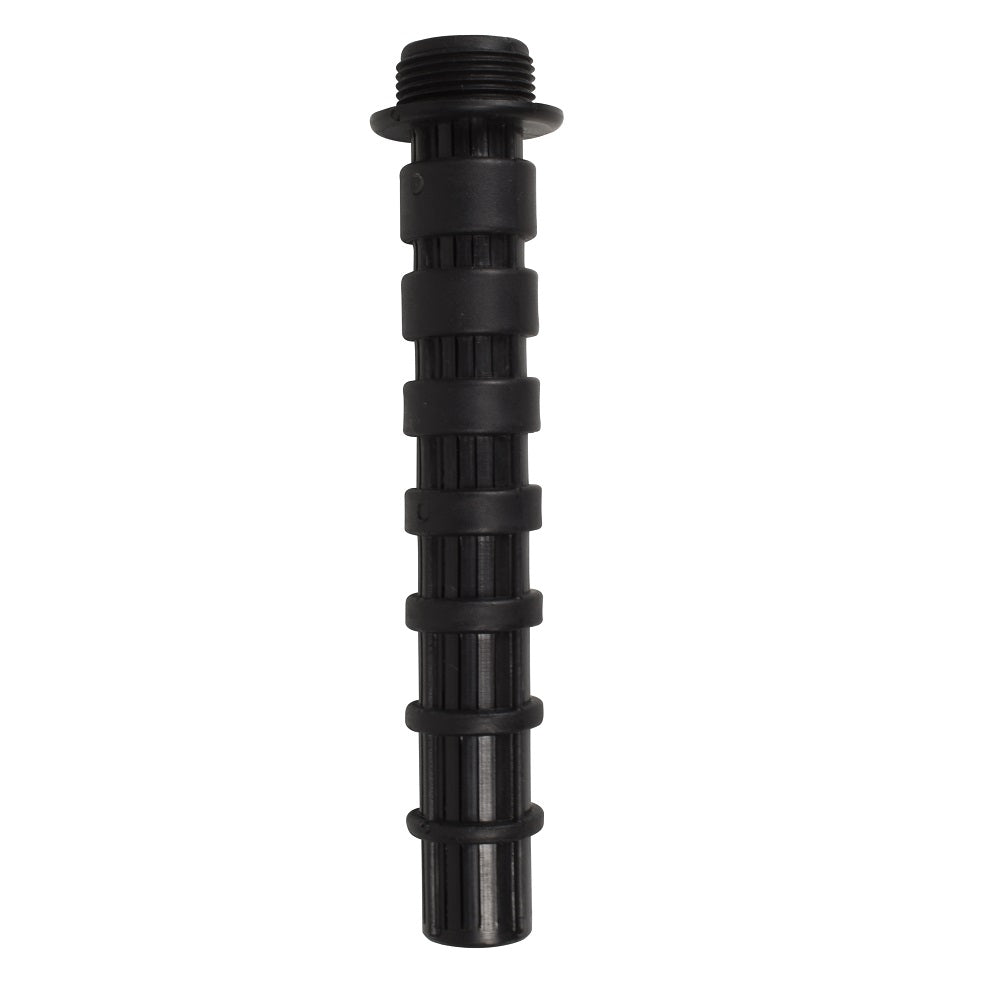 Black plastic filter finger tube with segmented ribbed body, threaded top fitting, and mesh-screened open base end