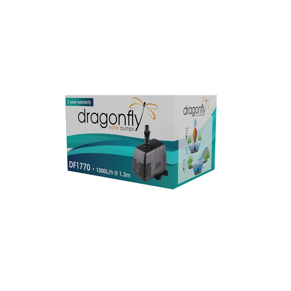 Dragonfly DF1770 submersible water pump packaging, teal and white box showing black pump unit, 1000L/h at 1.3m, 2-year warranty