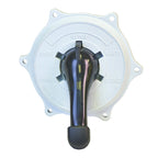 Pool filter multiport valve top with white circular body, black rotary handle, and labelled Filter, Rinse, Waste, Bypass, Closed positions
