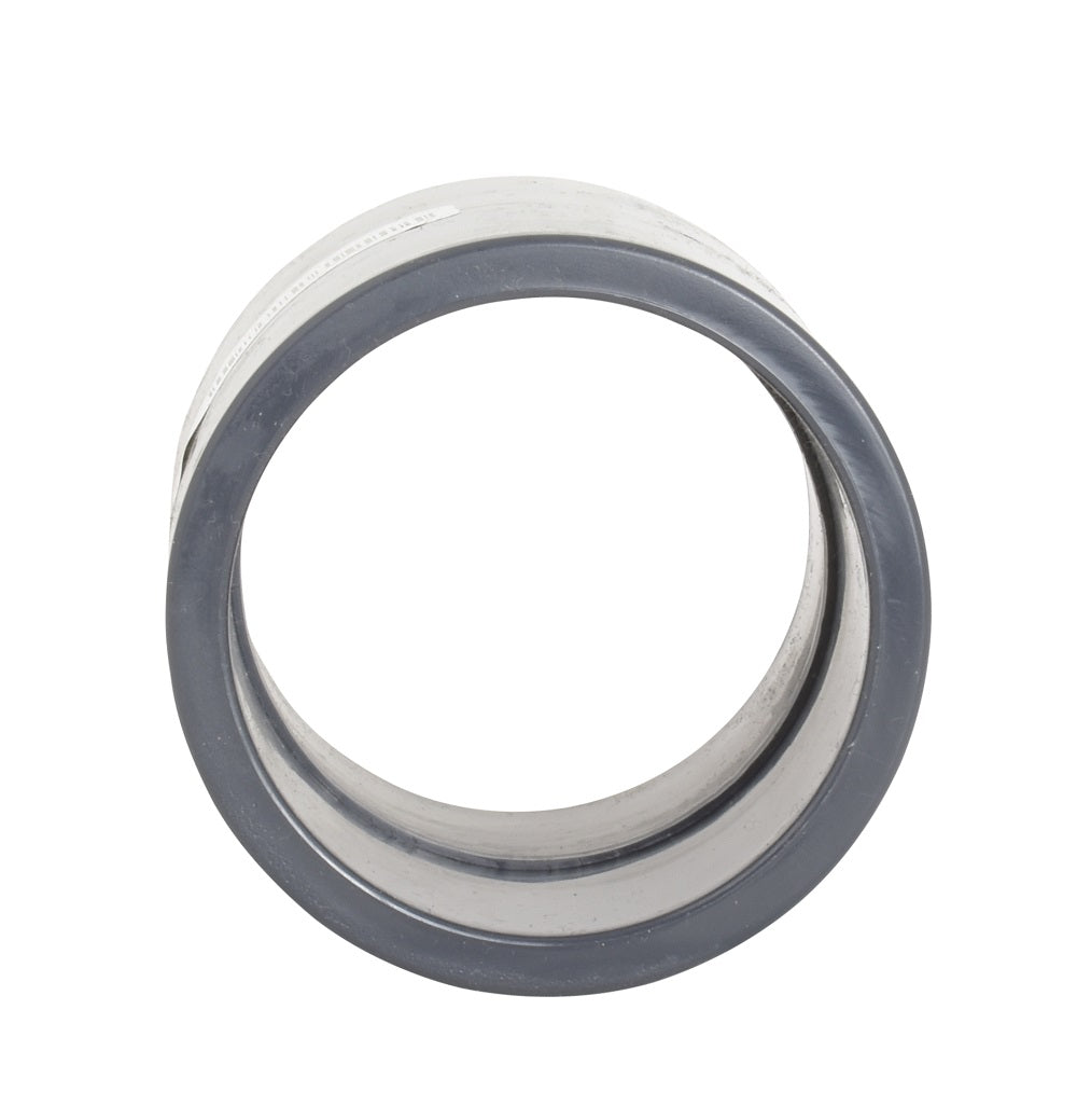 Grey PVC straight connector fitting 63mm with smooth cylindrical bore and dark grey rubber seal ring on silver-toned outer edge