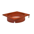 Terracotta powder-coated steel weir deck collar with square flange, circular opening, and two white plastic fittings on cylindrical body