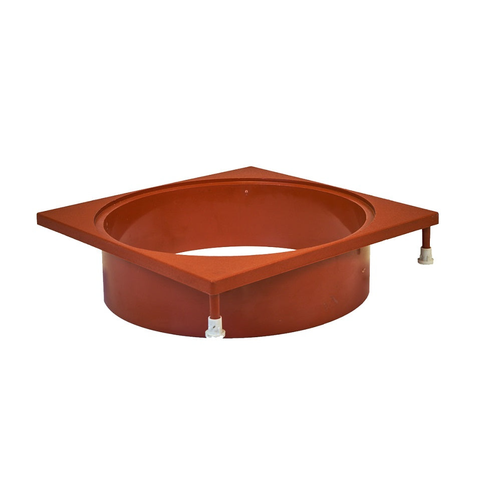 Terracotta powder-coated steel weir deck collar with square flange, circular opening, and two white plastic fittings on cylindrical body