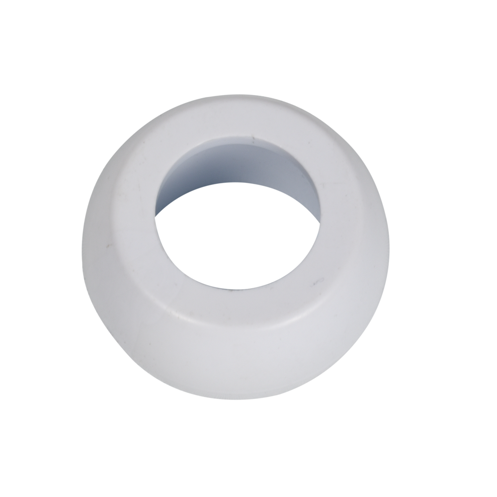 White plastic ball fitting with central circular opening, domed profile, compatible with EartheCo and Quality pool equipment