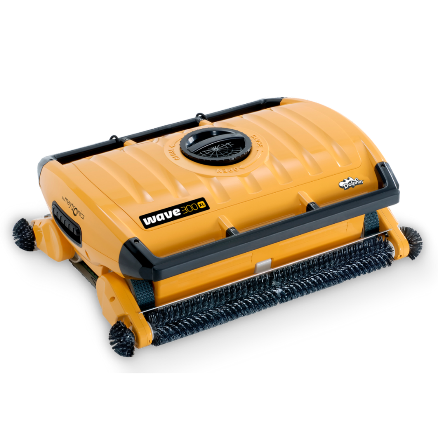 Dolphin Wave 300 XL robotic pool cleaner in orange with black trim, front brush roller and corner brushes visible