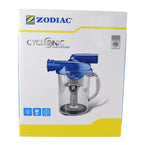 Zodiac Cyclonic Leaf Catcher in white and yellow retail box with blue transparent canister product image visible