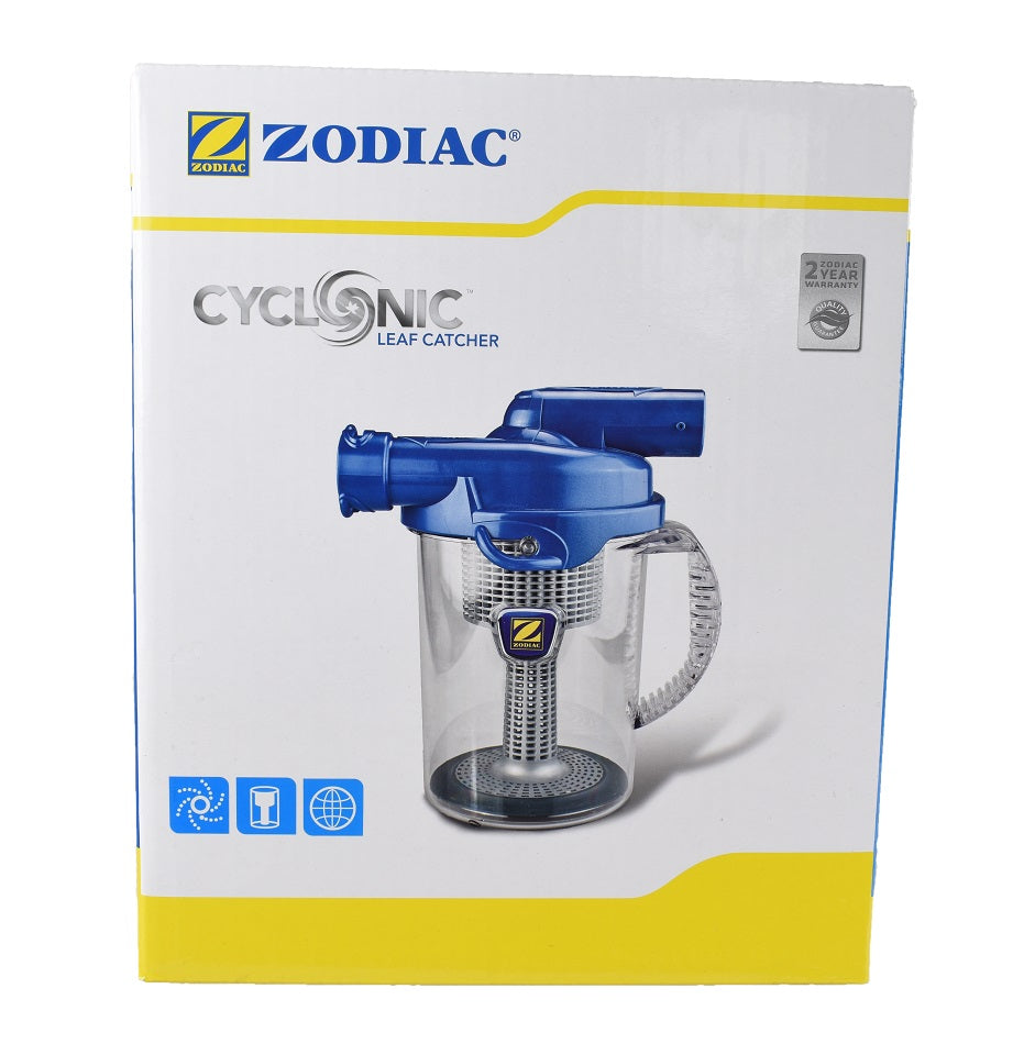 Zodiac Cyclonic Leaf Catcher in white and yellow retail box with blue transparent canister product image visible